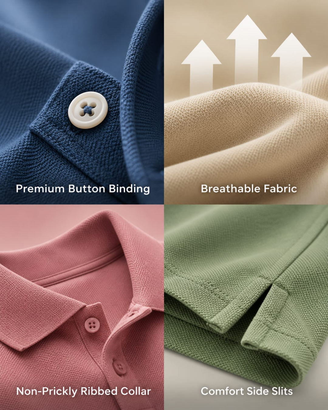 Deccan Drip polo features – premium button binding, breathable fabric, non-prickly ribbed collar, comfort side slits
